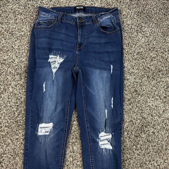 Wax Jean Women's Plus Sz 14 Denim Blue Distressed Dark High Rise Skinny Jeans - Picture 3 of 15